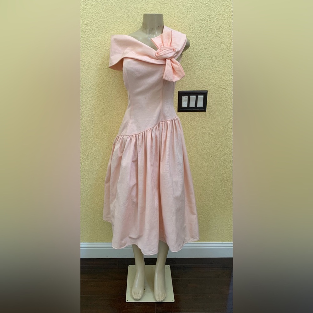 VTG Jessica McClintock Gunne Sax Size 7/8 Pink Rosette Off Shoulder Midi Dress